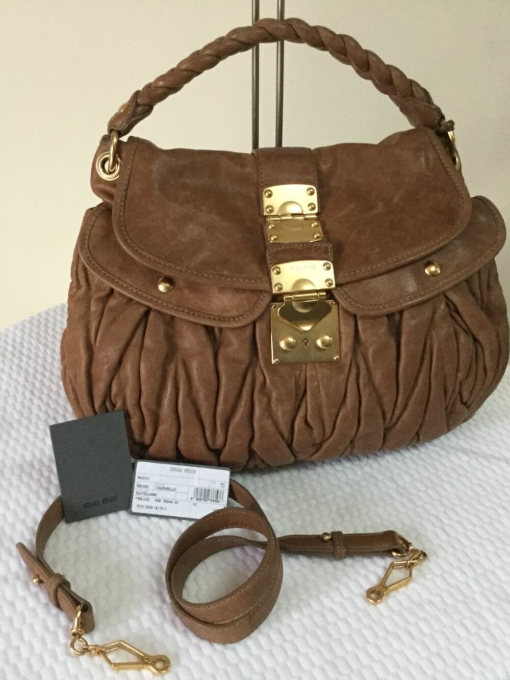 Miu Miu Women Handbag Lambskin Leather Camel Brown Matelasse' Vintage Authentic